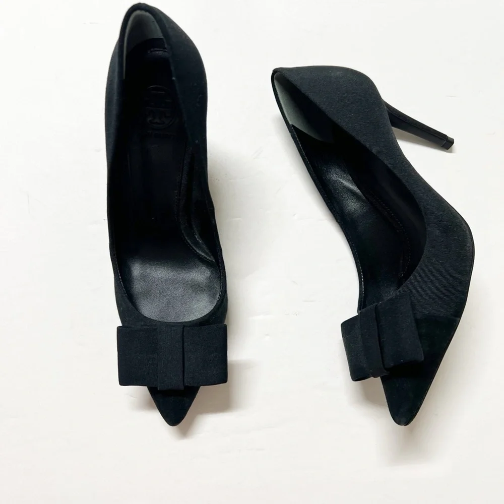 Tory Burch Aria Black Grosgrain Bow Suede Leather Pointed Toe Stiletto Heel 7M